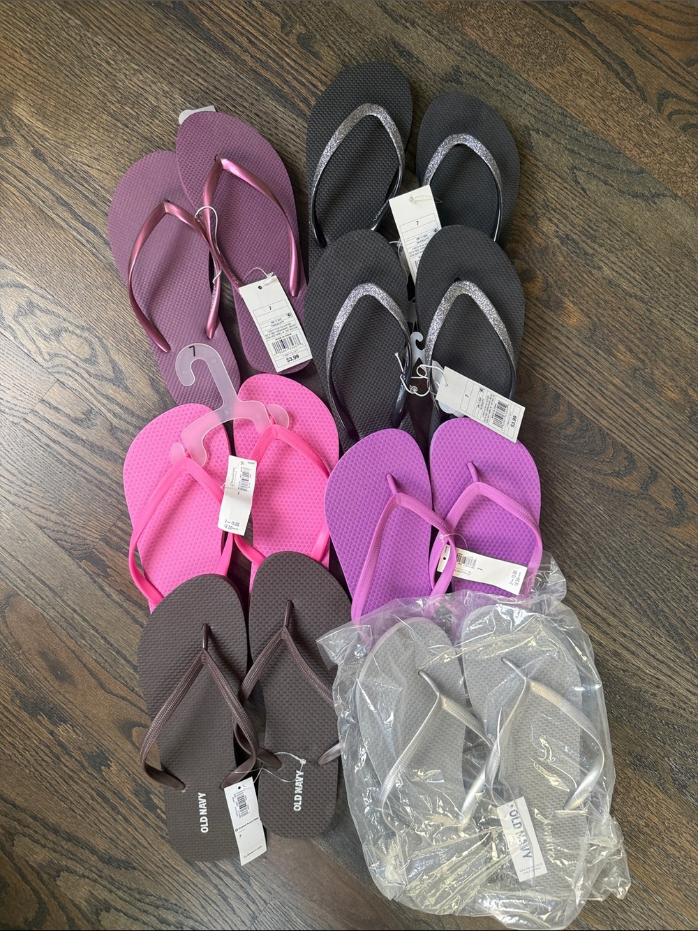 7 Pr NWT Women's Flip Flop Lot Old Navy & Xhilaration Silver/ Purple/ Pink/Brown
